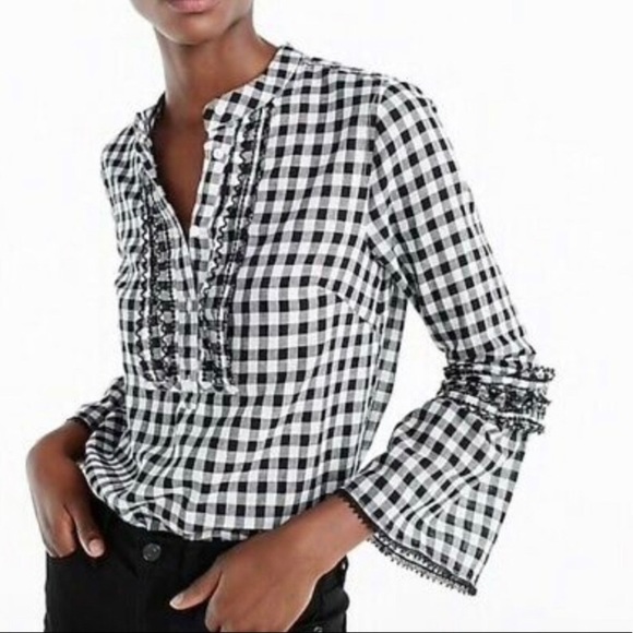 J. Crew Tops - NWT J Crew Gingham Embroidered Bell Sleeve Top 10T